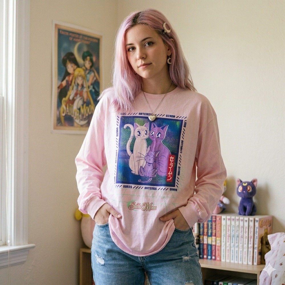 Sailor Moon Graphic Tee‎ Size Large Pink Luna Artemis Diana Long Sleeve Anime